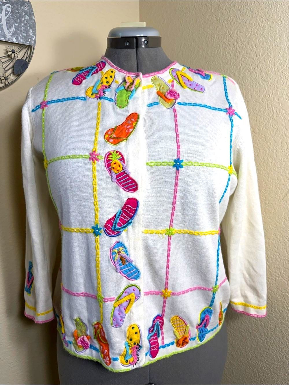 Vintage 90s Jack B Quick Flip Flop Novelty Knit Cardigan Sweater Large M Beach